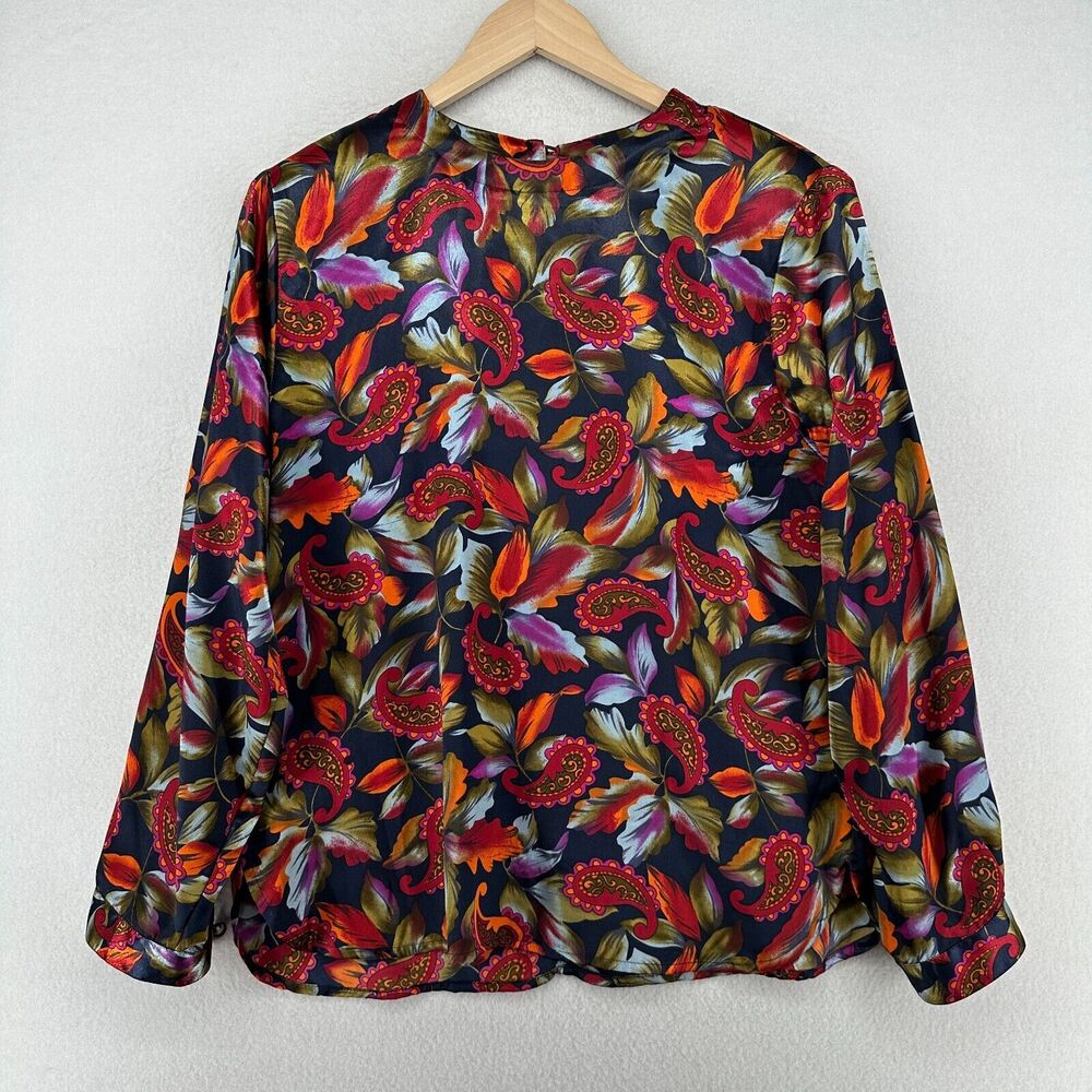 MARLIS Top 10 Paisley Floral Satin Long Sleeve Round Neck Blouse Red Vintage